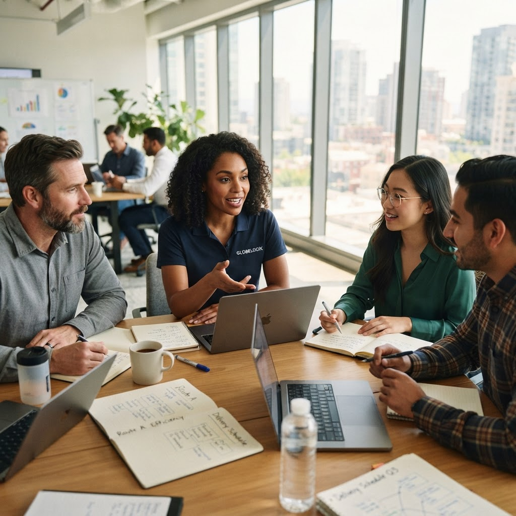 Muenot delivery team collaborating around a table in a modern office