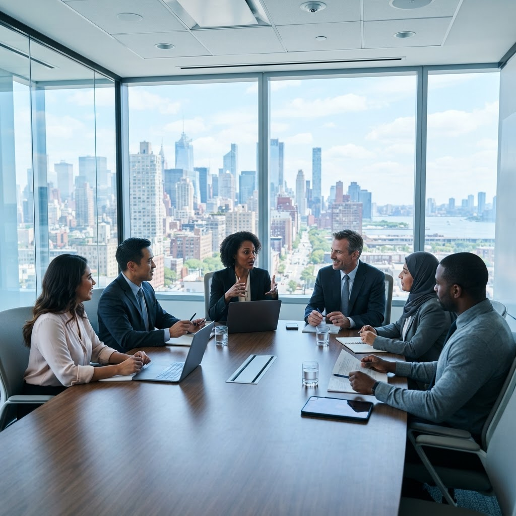 Muenot leadership and delivery team collaborating in a modern office