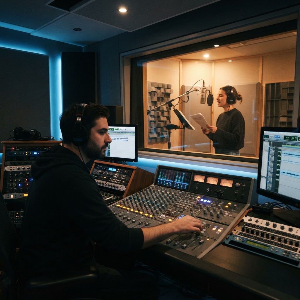 Engineer working at a mixing console beside a recording booth