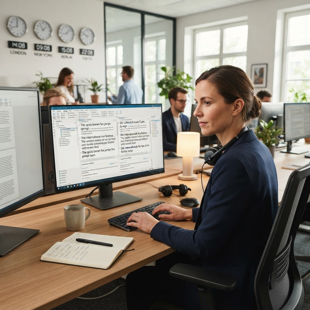 Linguist working at a subtitling and translation workstation